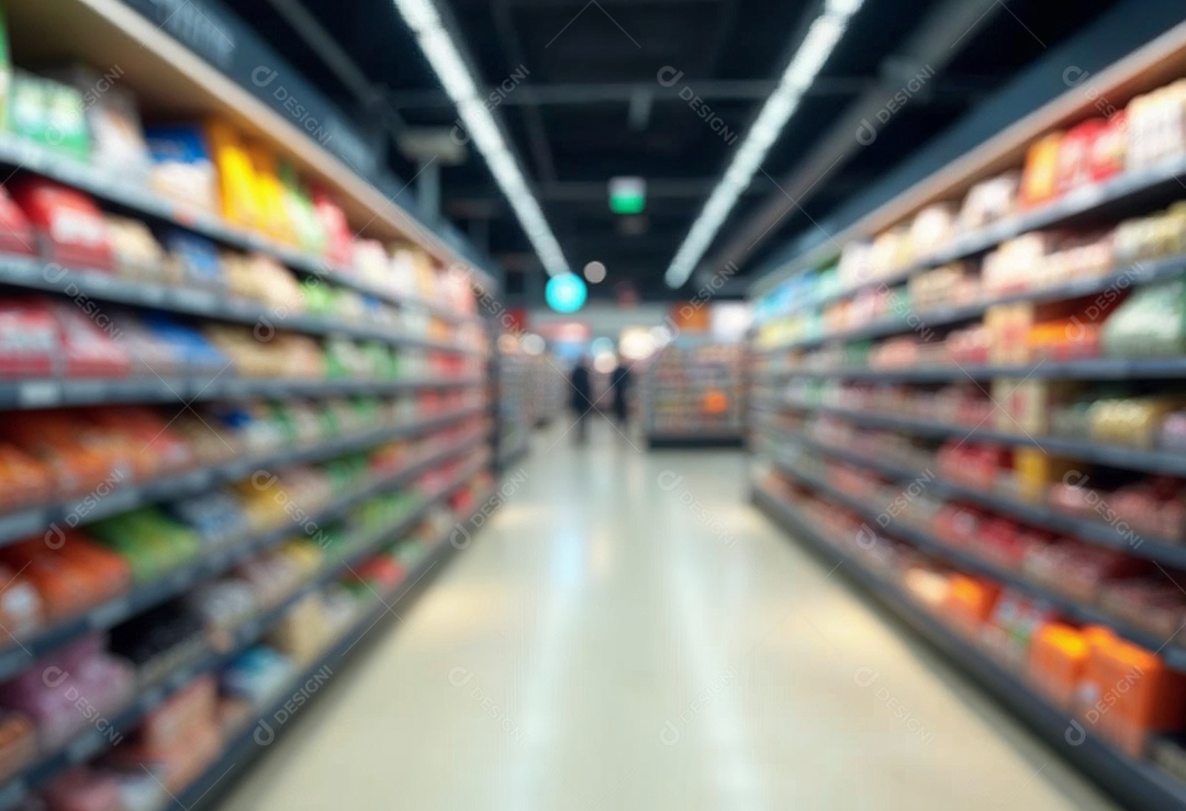 Prateleiras de compras embaçadas em supermercados e lojas departamentos