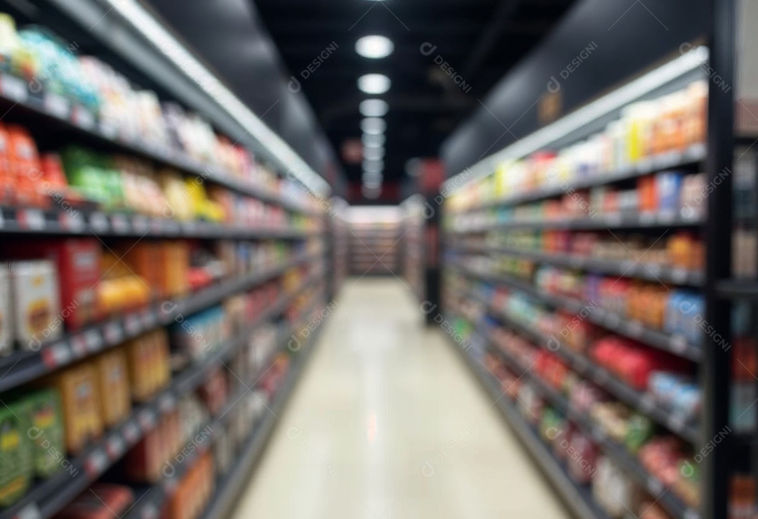 Prateleiras de compras embaçadas em supermercados e lojas departamentos