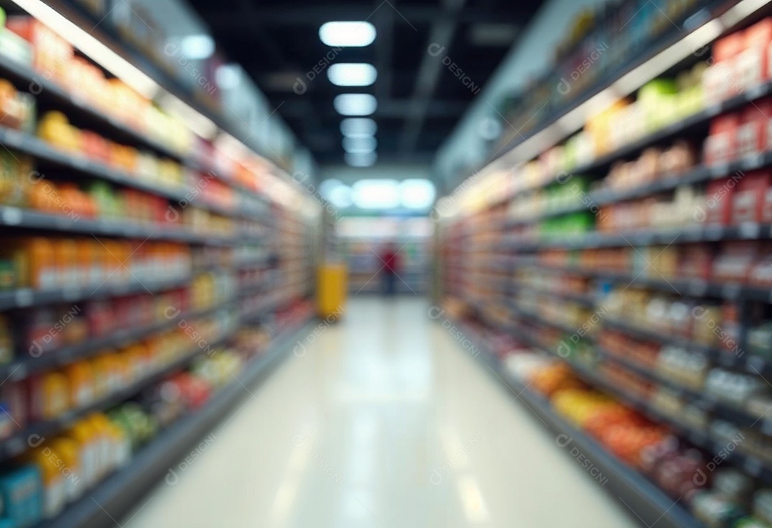 Prateleiras de compras embaçadas em supermercados e lojas departamentos