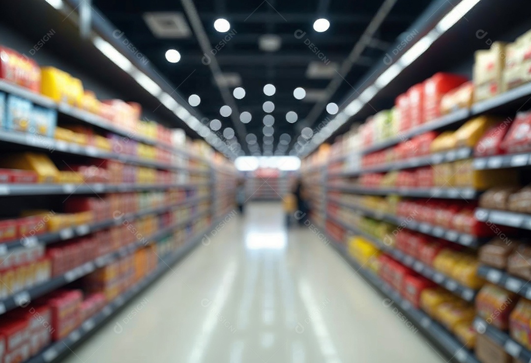 Prateleiras de compras embaçadas em supermercados e lojas departamentos