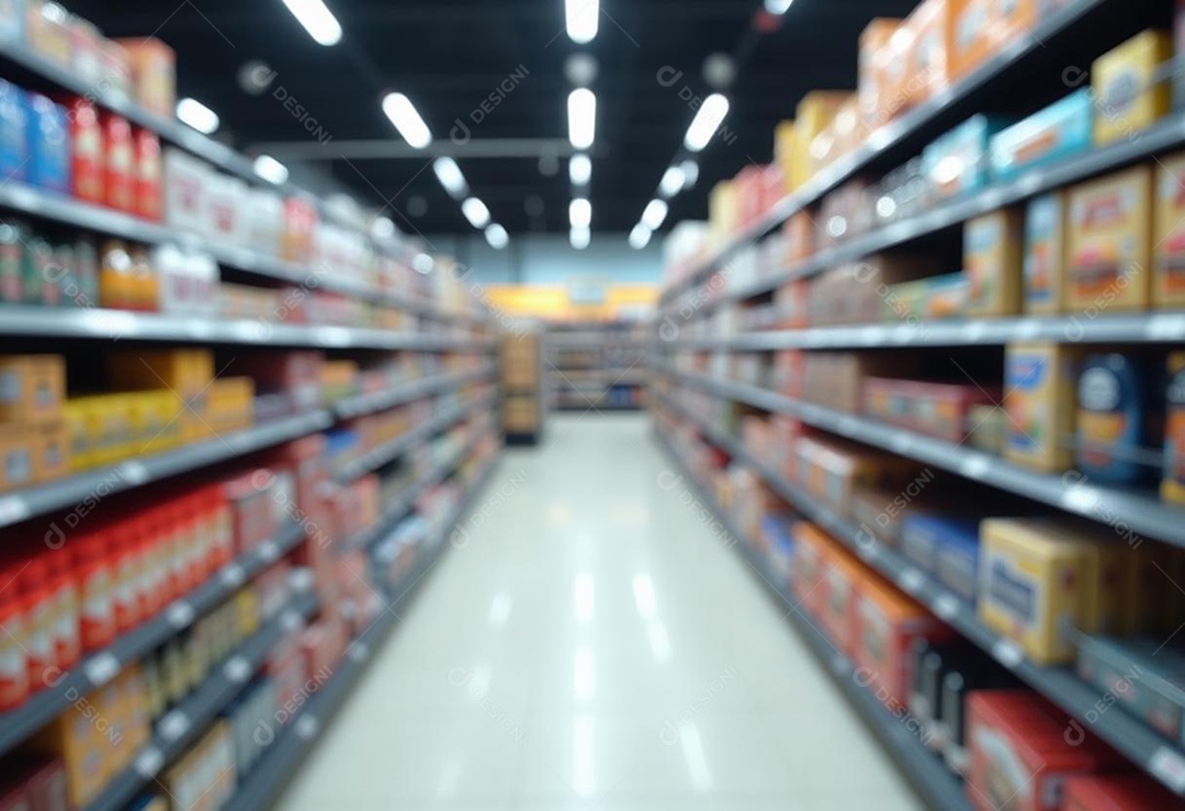 Prateleiras de compras embaçadas em supermercados e lojas departamentos