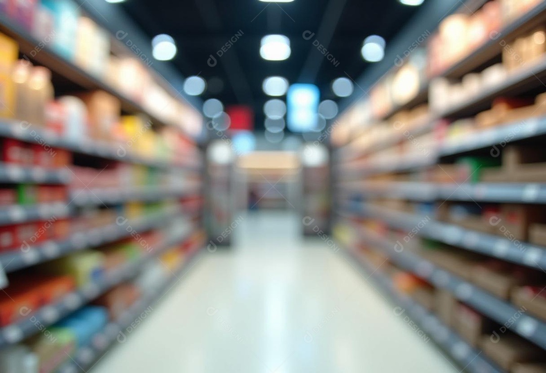 Prateleiras de compras embaçadas em supermercados e lojas departamentos