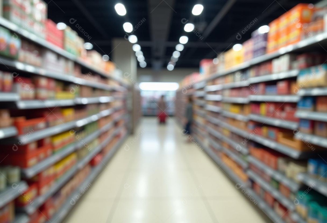 Prateleiras de compras embaçadas em supermercados e lojas departamentos