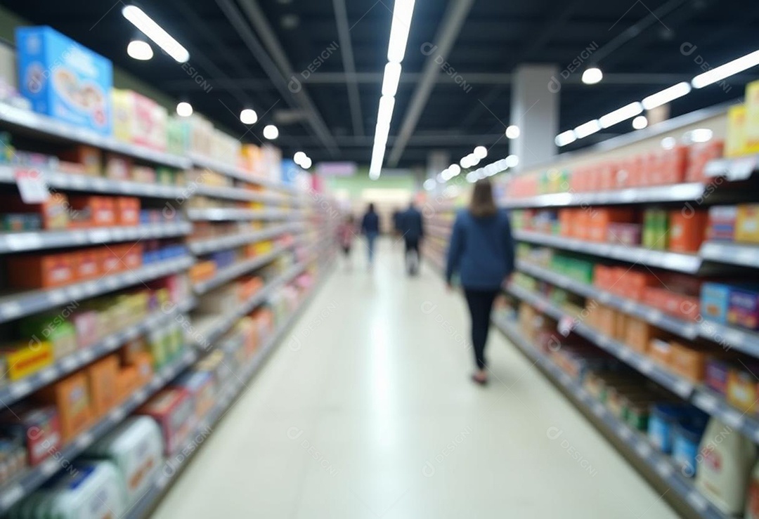 Prateleiras de compras embaçadas em supermercados e lojas departamentos