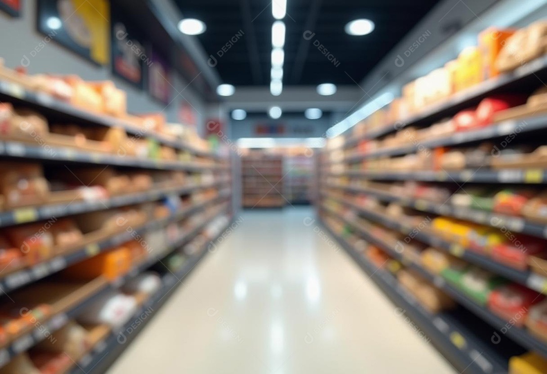 Prateleiras de compras embaçadas em supermercados e lojas departamentos