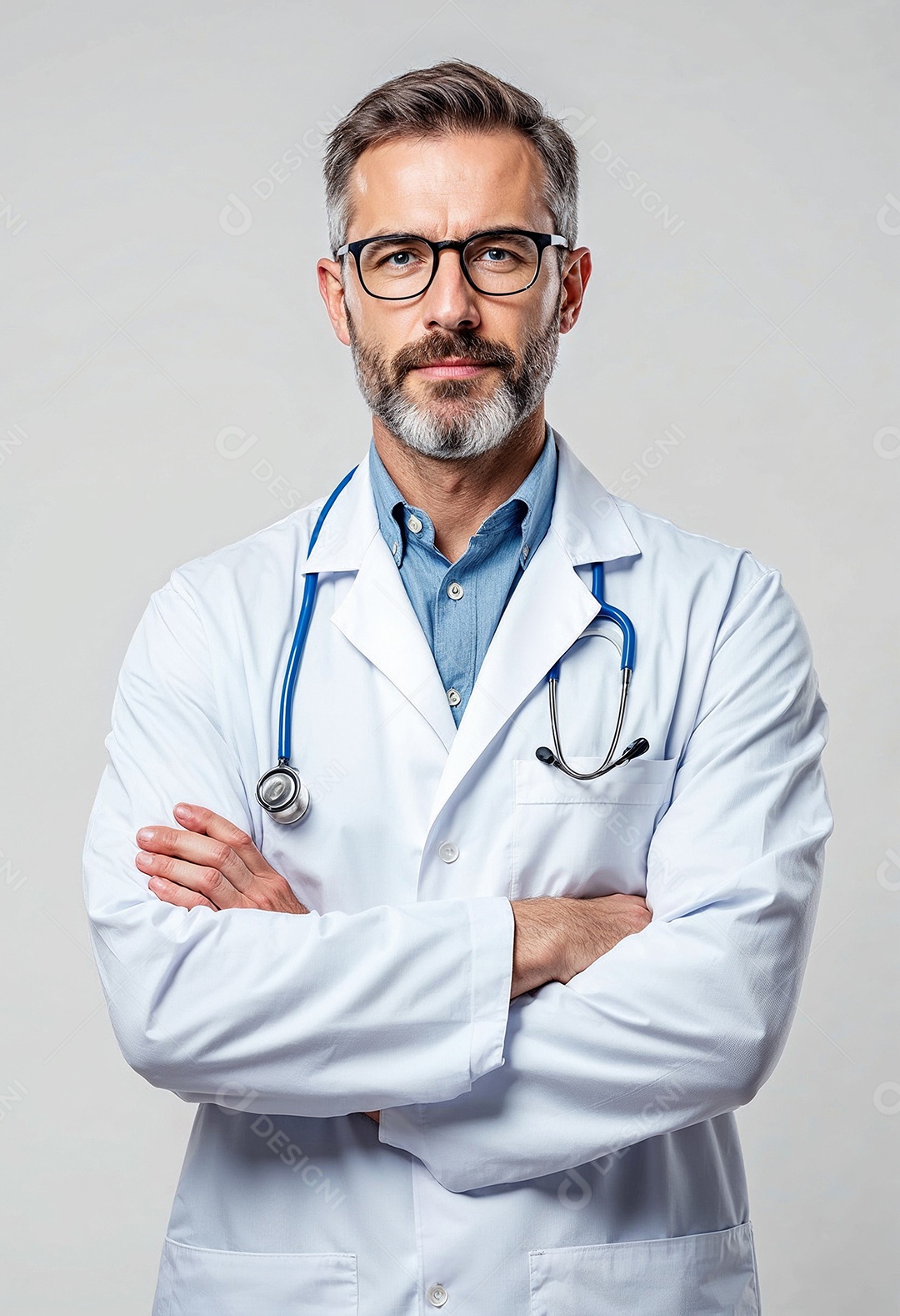Um retrato de um médico com os braços cruzados em fundo branco