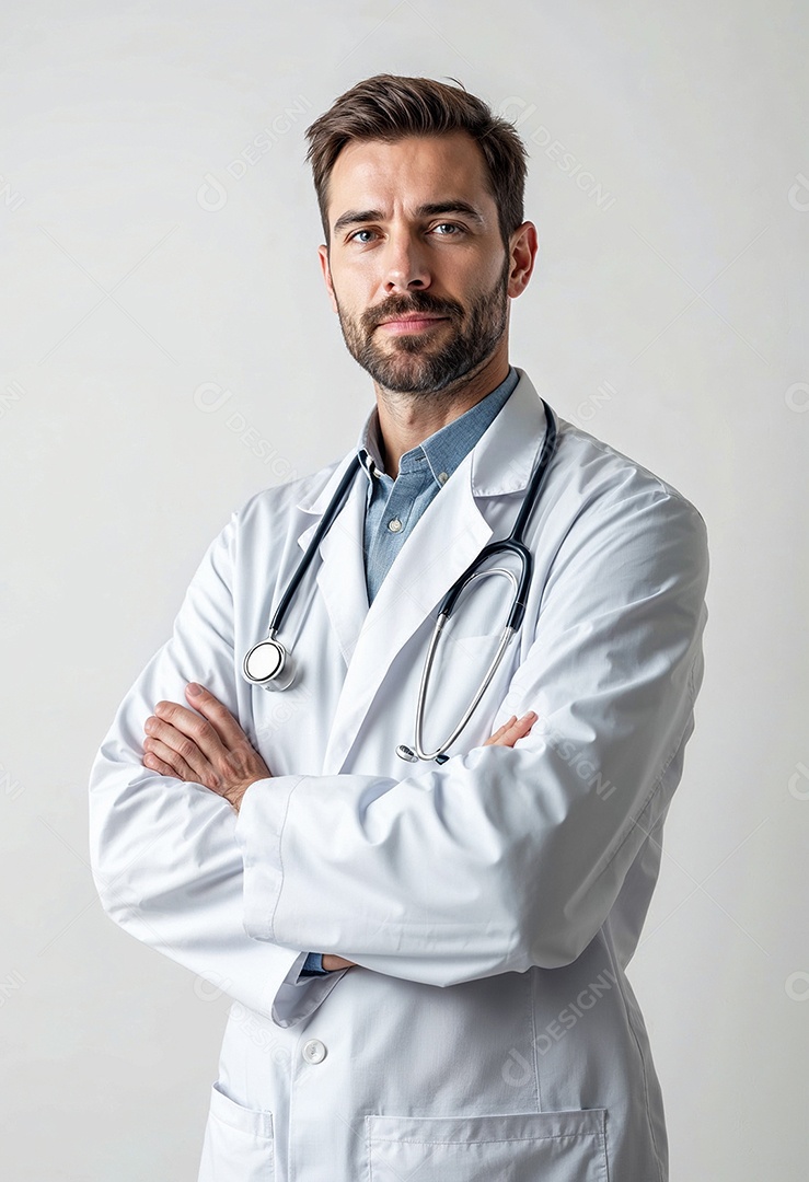 Um retrato de um médico com os braços cruzados em fundo branco