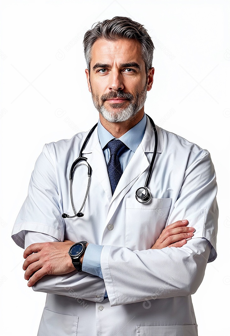 Um retrato de um médico com os braços cruzados em fundo branco