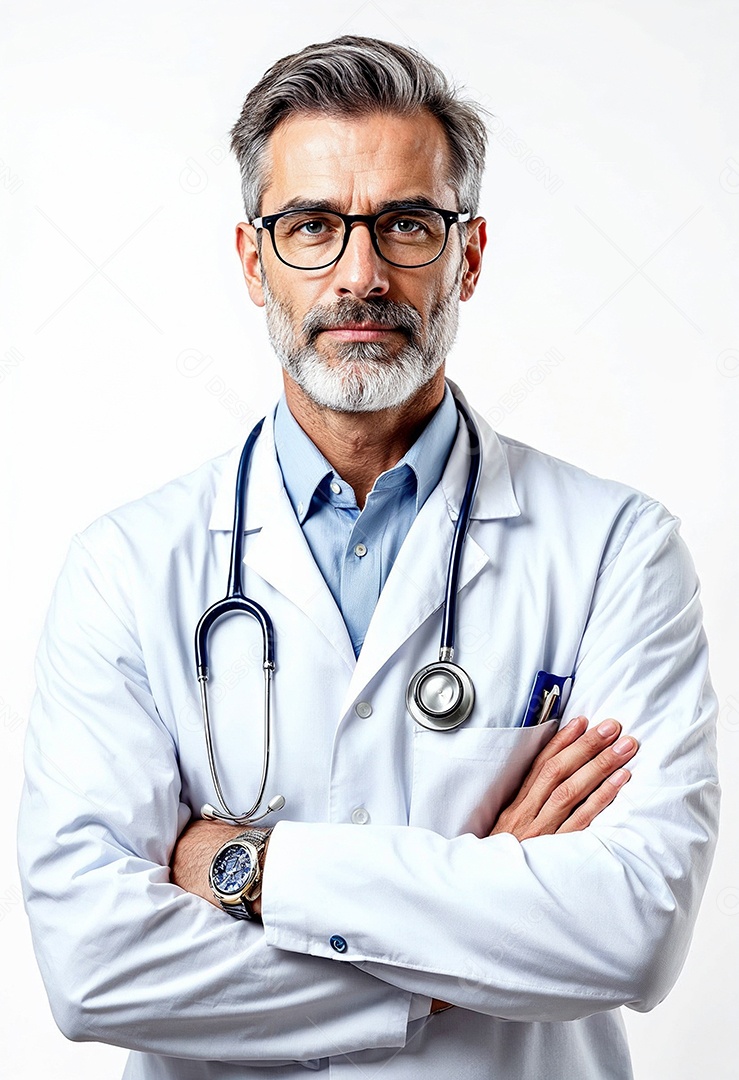 Um retrato de um médico com os braços cruzados em fundo branco