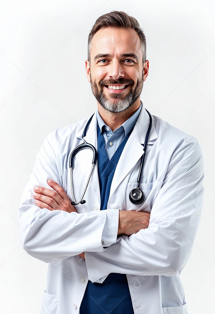 Um retrato de um médico com os braços cruzados em fundo branco