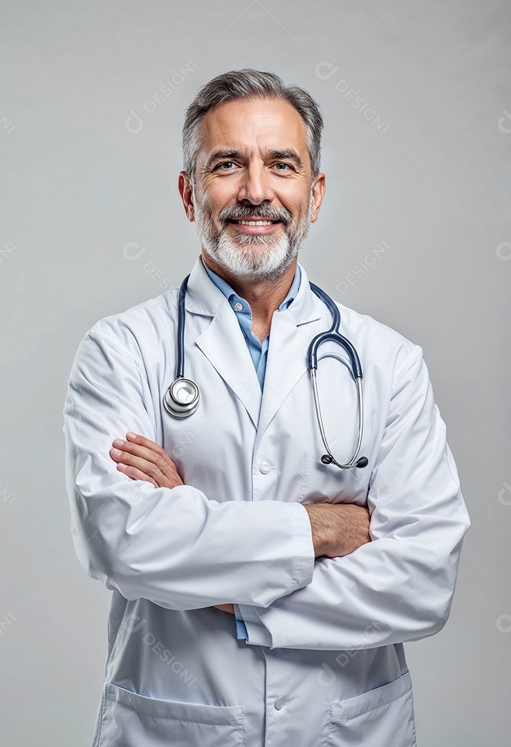 Um retrato de um médico com os braços cruzados em fundo branco