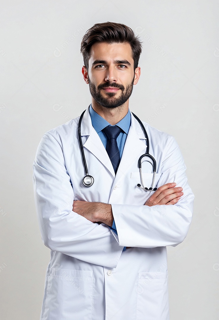 Um retrato de um médico com os braços cruzados em fundo branco
