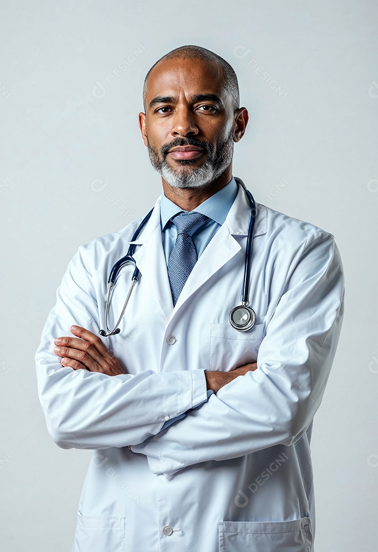 Um retrato de um médico com os braços cruzados em fundo branco