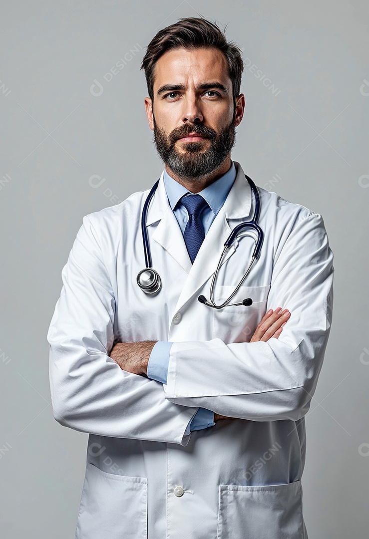 Um retrato de um médico com os braços cruzados em fundo branco