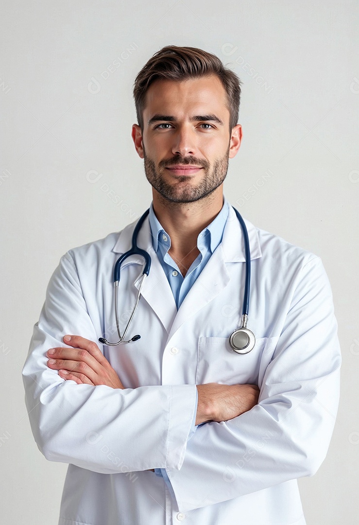 Um retrato de um médico com os braços cruzados em fundo branco