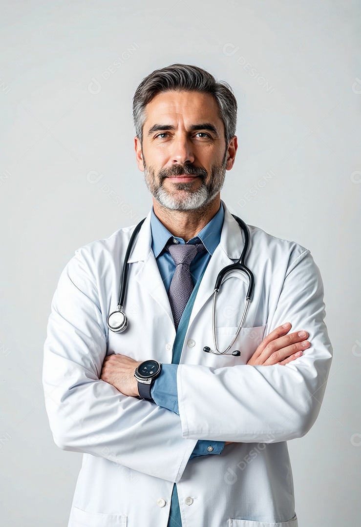 Um retrato de um médico com os braços cruzados em fundo branco