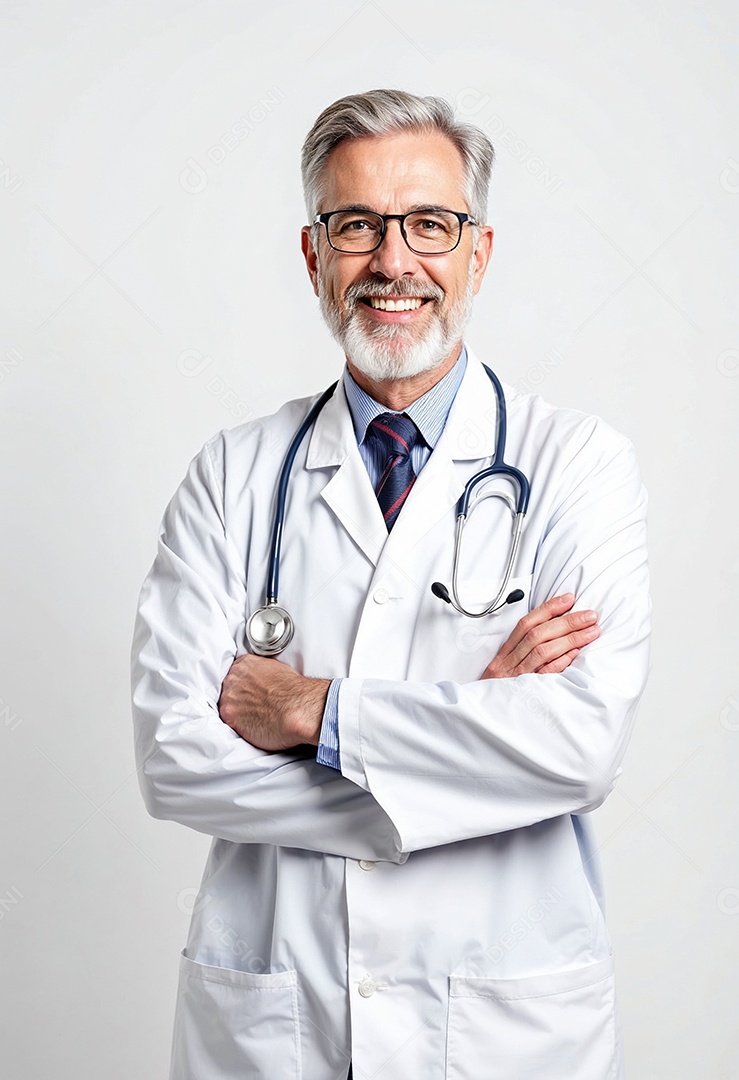 Um retrato de um médico com os braços cruzados em fundo branco