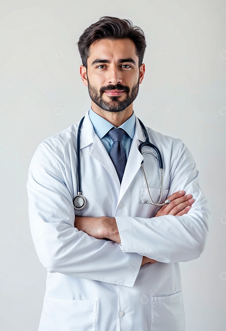 Um retrato de um médico com os braços cruzados em fundo branco