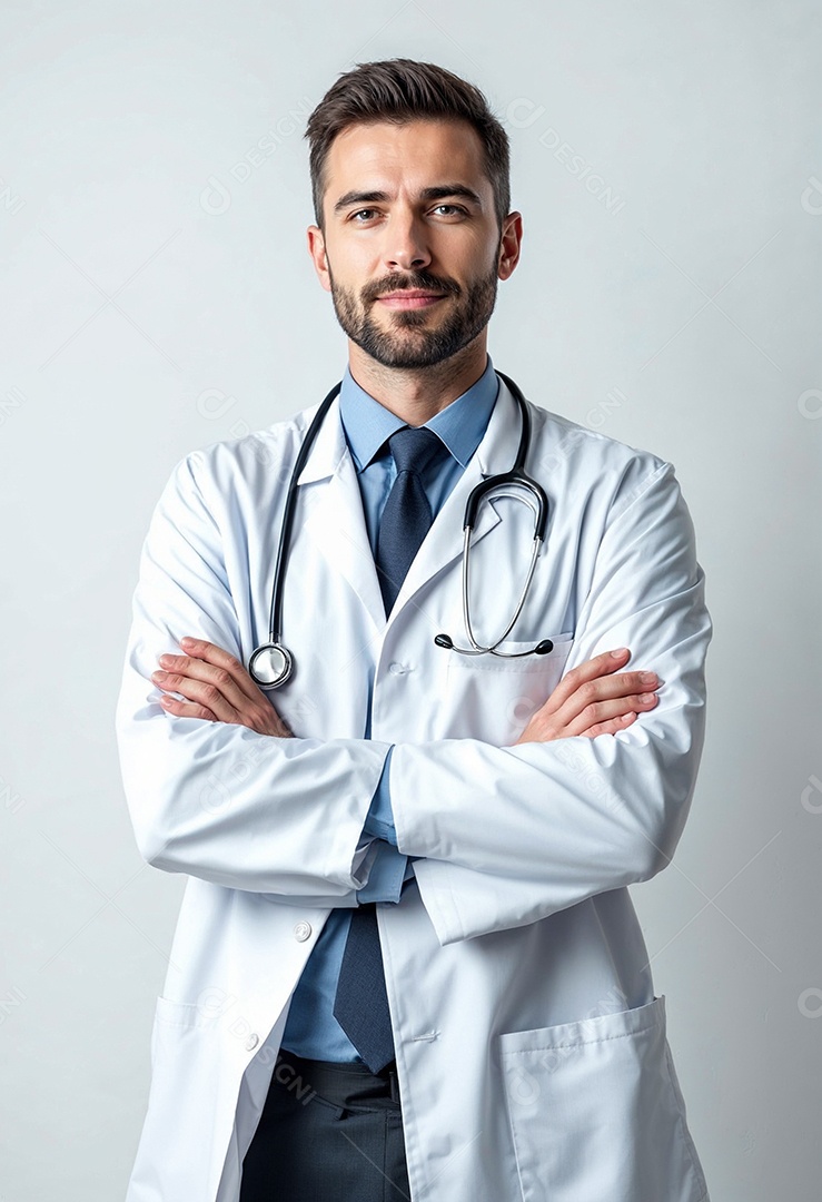 Um retrato de um médico com os braços cruzados em fundo branco