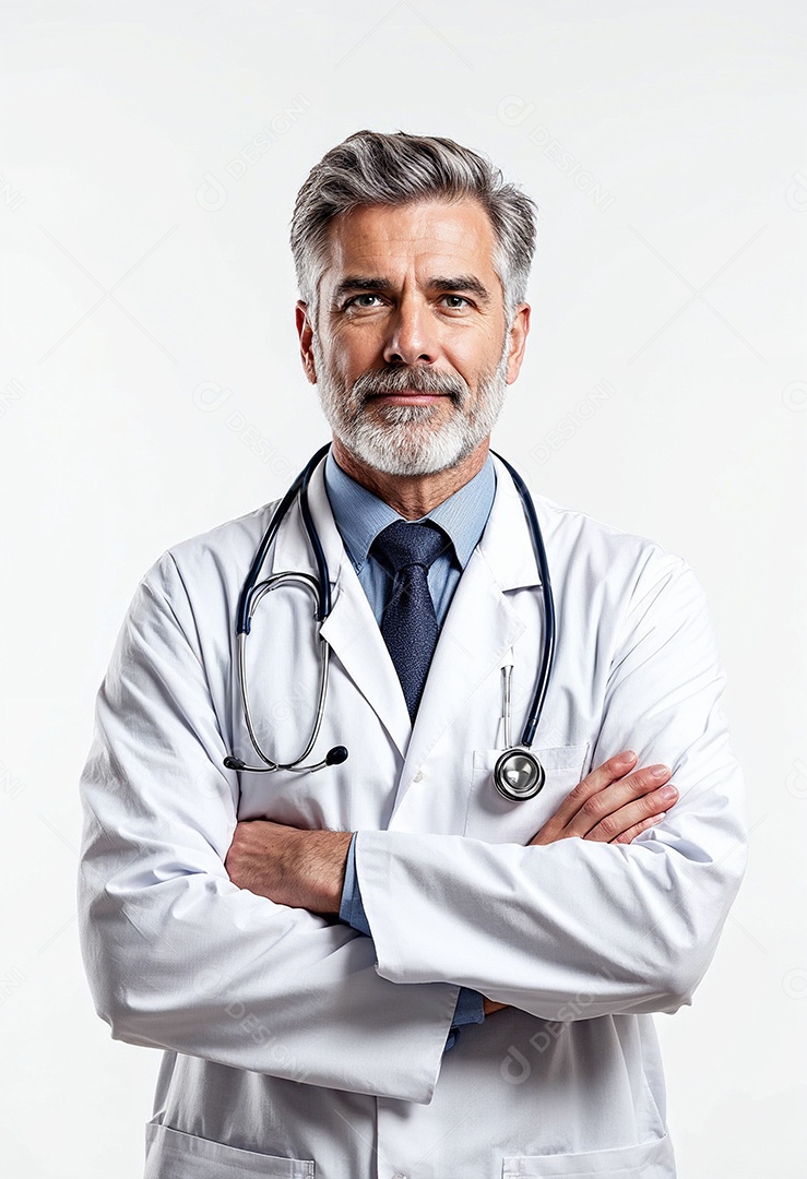 Um retrato de um médico com os braços cruzados em fundo branco