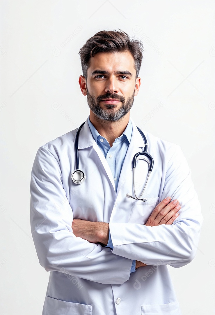Um retrato de um médico com os braços cruzados em fundo branco
