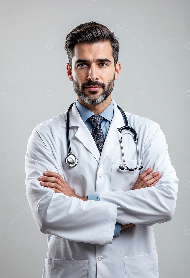 Um retrato de um médico com os braços cruzados em fundo branco