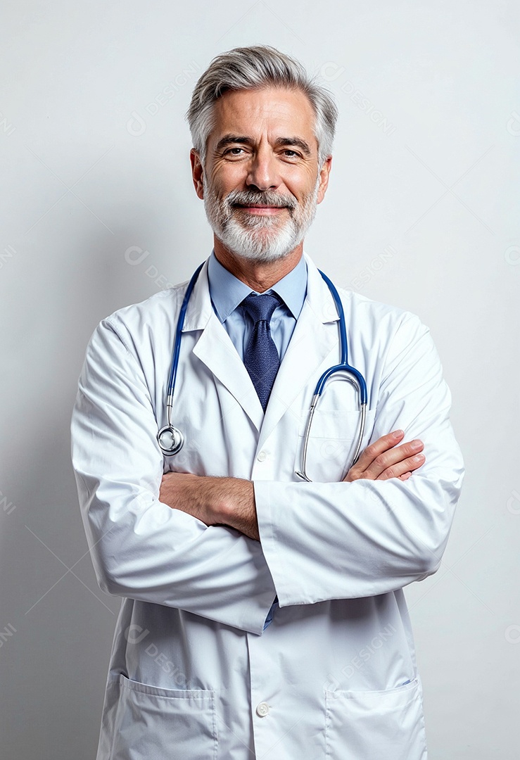 Um retrato de um médico com os braços cruzados em fundo branco