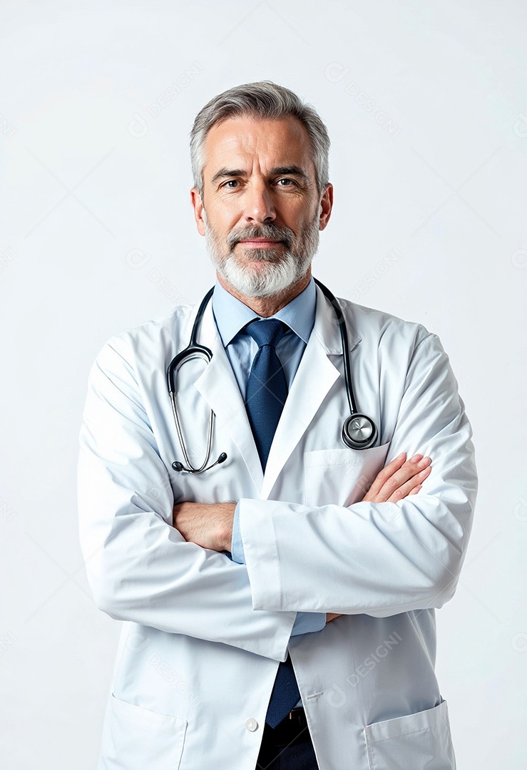 Um retrato de um médico com os braços cruzados em fundo branco