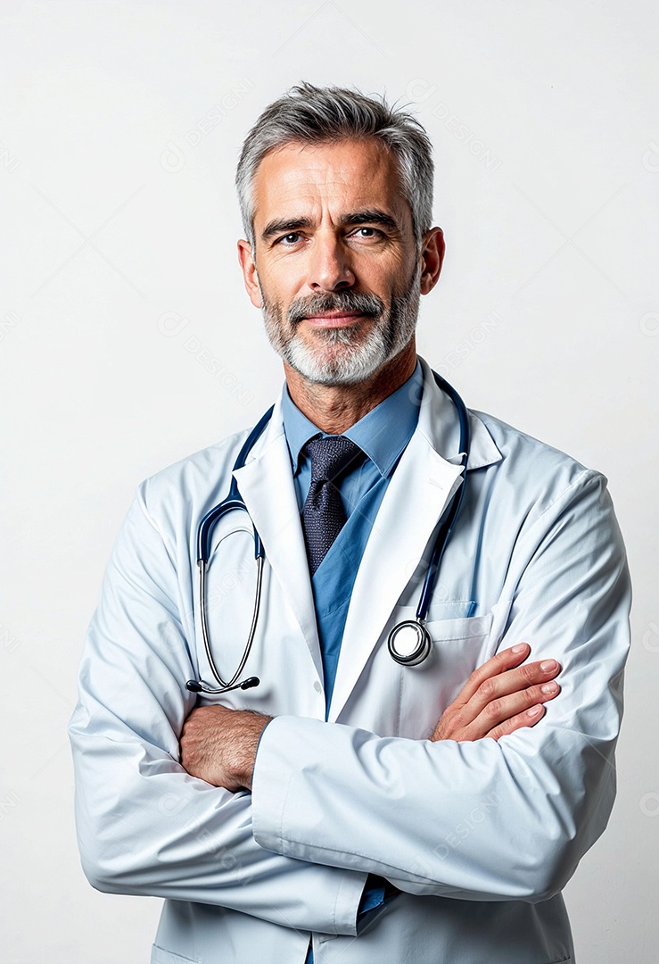 Um retrato de um médico com os braços cruzados em fundo branco