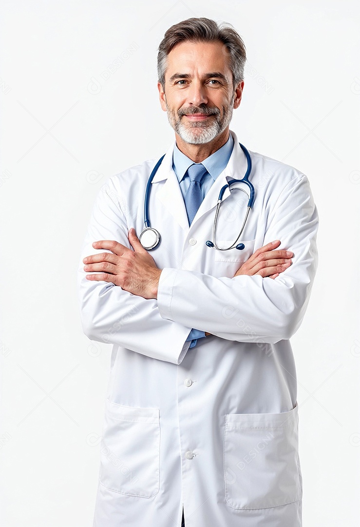 Um retrato de um médico com os braços cruzados em fundo branco