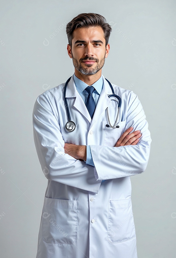 Um retrato de um médico com os braços cruzados em fundo branco