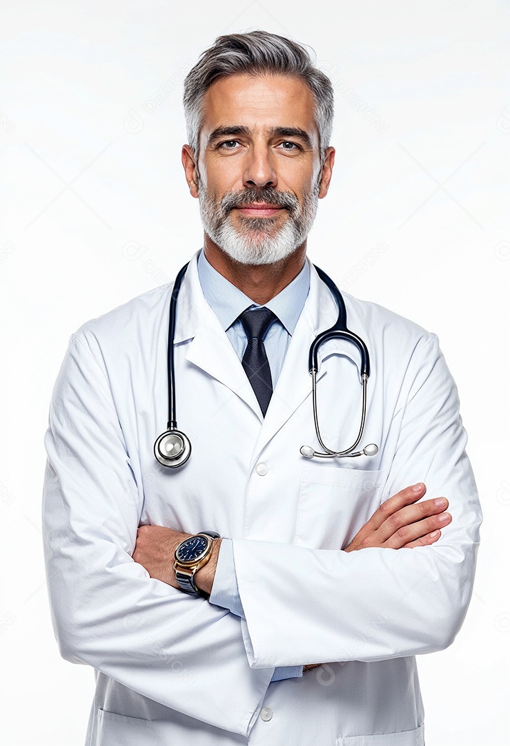 Um retrato de um médico com os braços cruzados em fundo branco