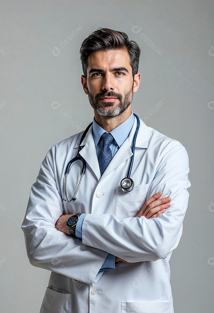 Um retrato de um médico com os braços cruzados em fundo branco