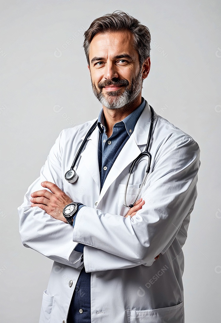 Um retrato de um médico com os braços cruzados em fundo branco