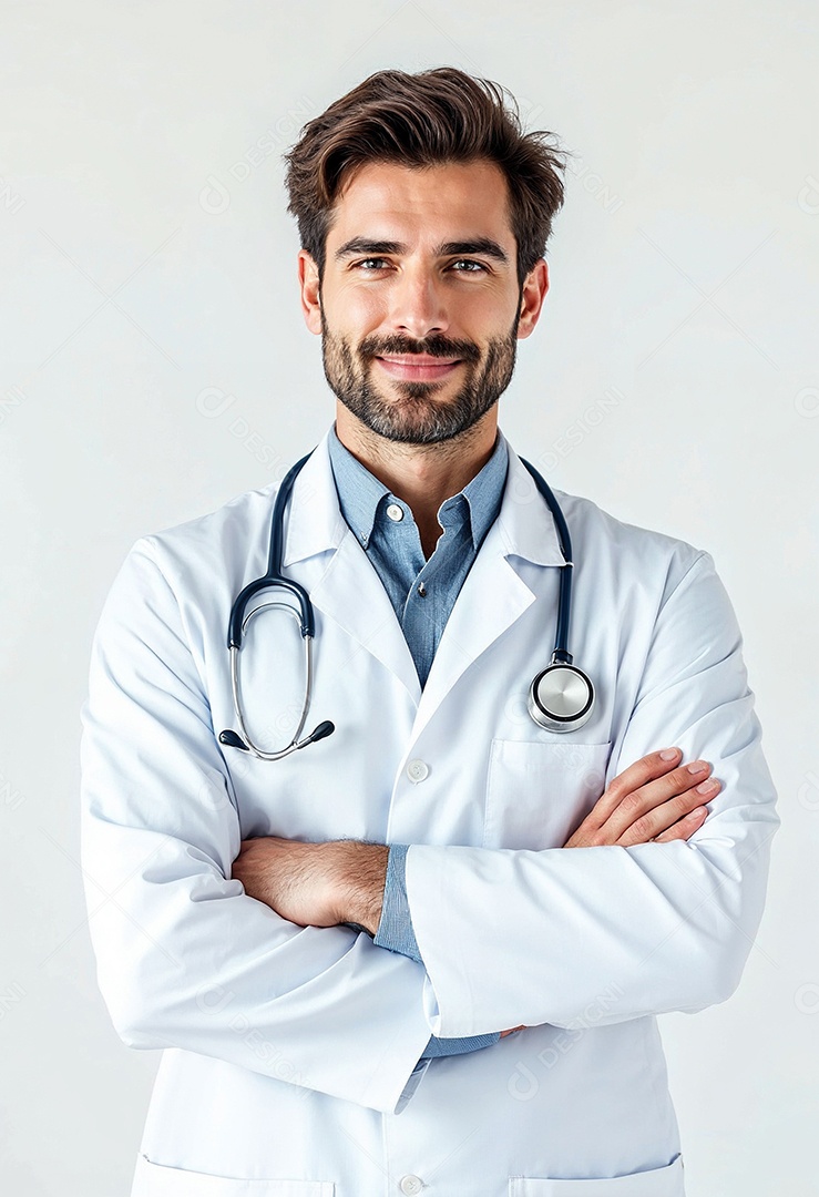 Um retrato de um médico com os braços cruzados em fundo branco