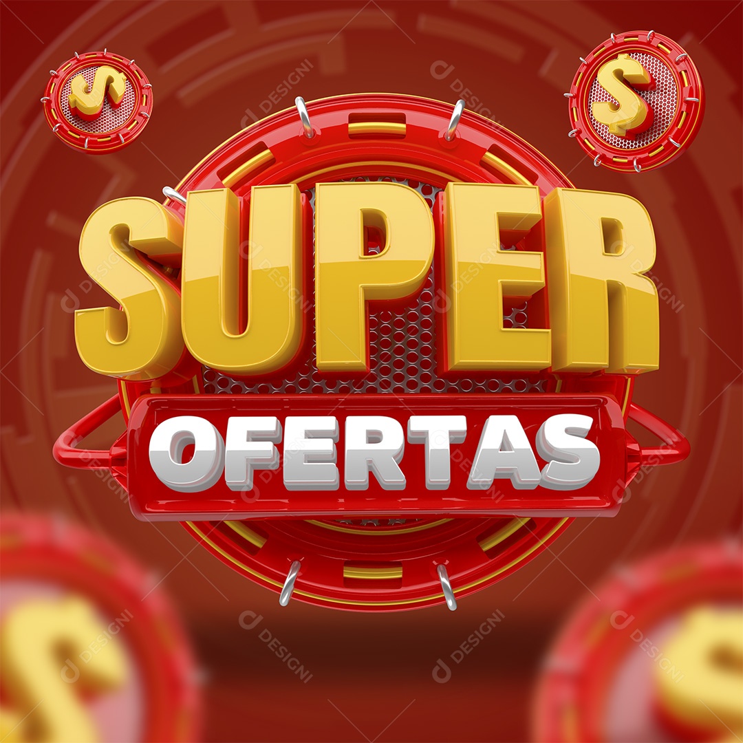 Super Ofertas Selo 3D Amarelo Vermelho e Branco para Composição PSD