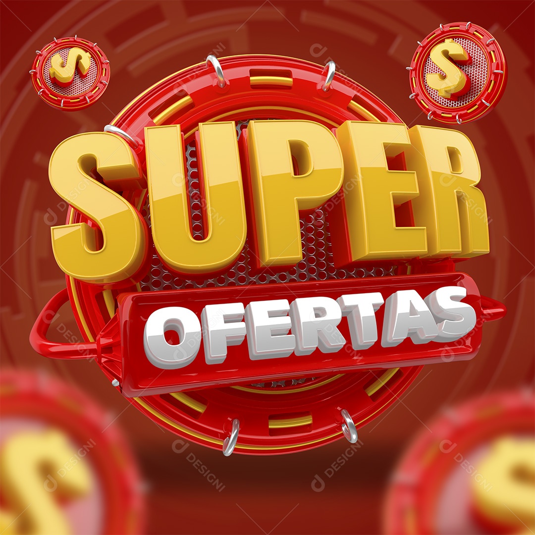 Super Ofertas Selo 3D Amarelo Vermelho e Branco para Composição PSD