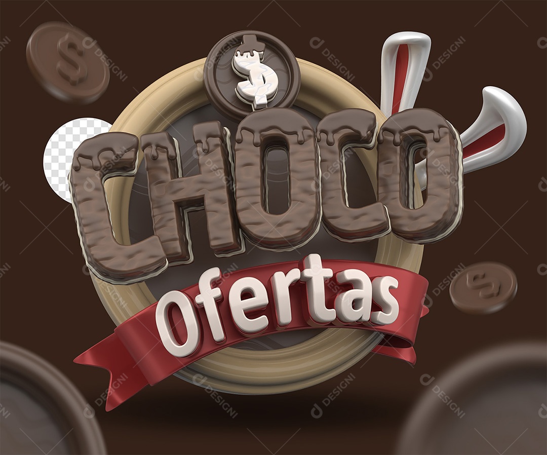 Choco Ofertas Selo 3D Branco e Amarelo para Composição PSD