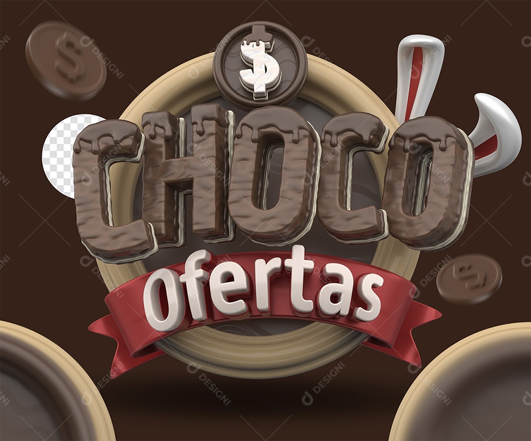 Choco Ofertas Selo 3D Branco e Amarelo para Composição PSD