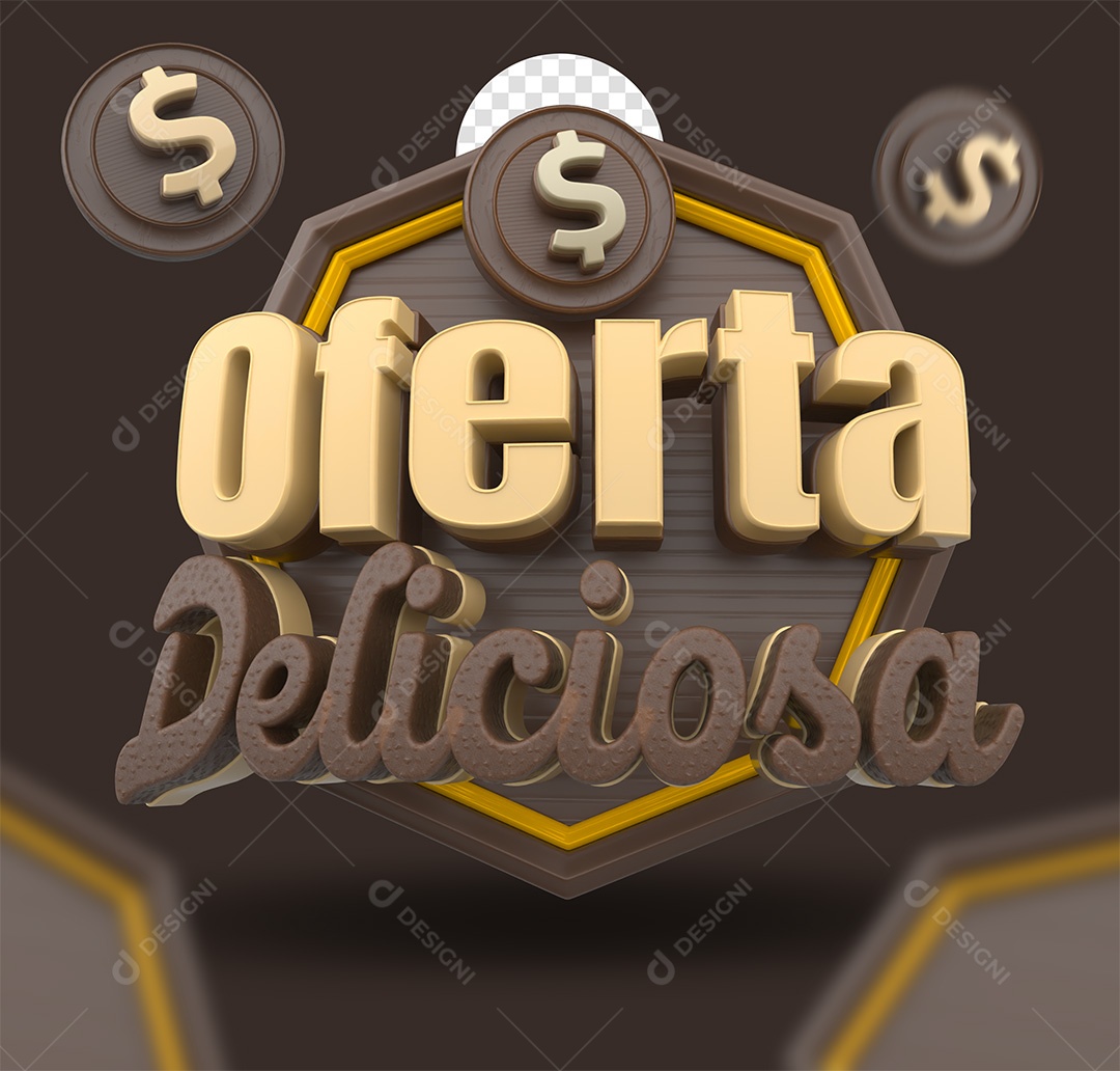 Oferta Deliciosa Selo 3D Amarelo e Marrom para Composição PSD