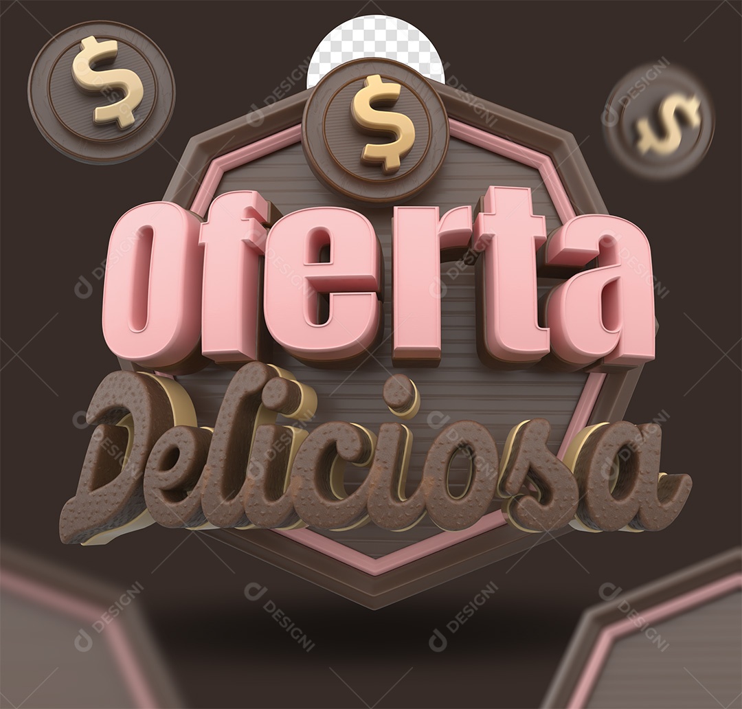 Oferta Deliciosa Selo 3D Rosa e Marrom para Composição PSD