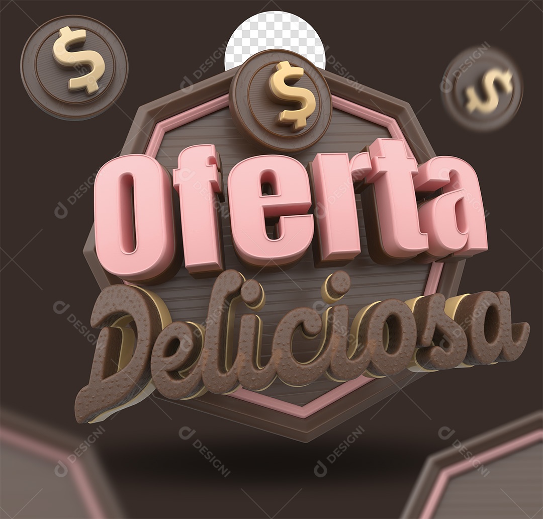 Oferta Deliciosa Selo 3D Rosa e Marrom para Composição PSD