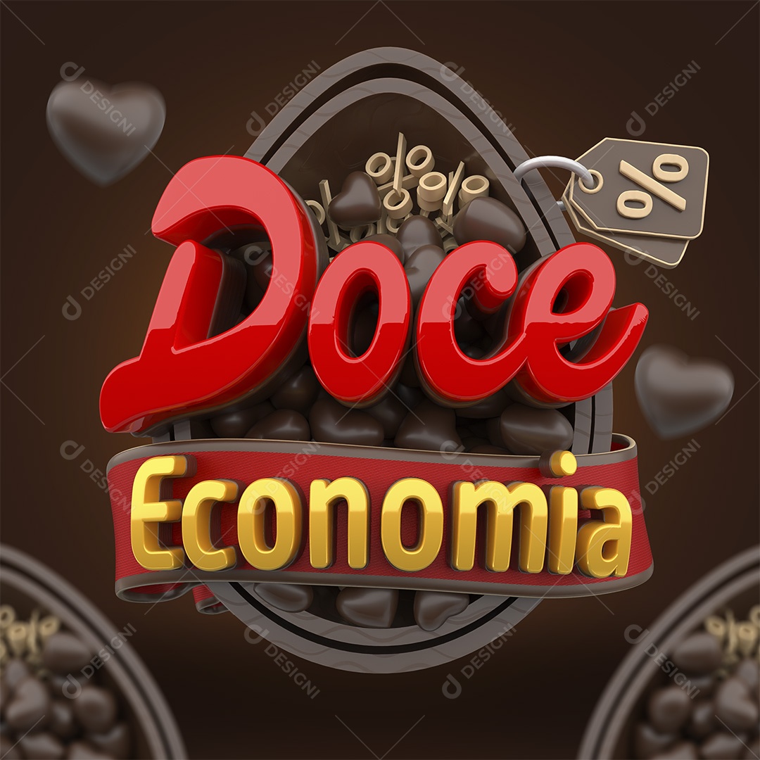 Doce Economia Selo 3D Vermelho e Amarelo para Composição PSD