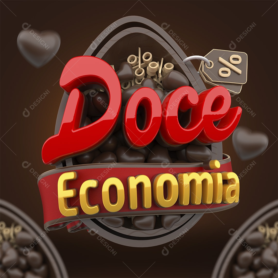 Doce Economia Selo 3D Vermelho e Amarelo para Composição PSD