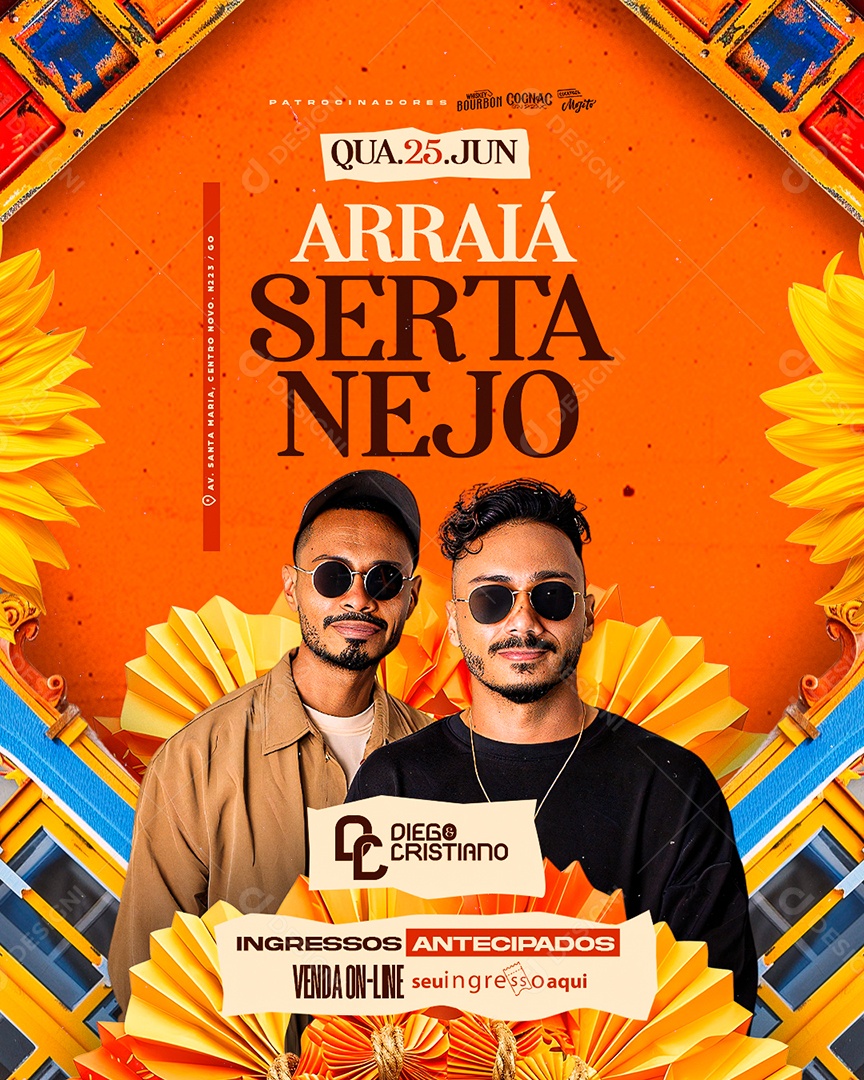 Flyer Arraiá Sertanejo Diego e Cristiano Social Media PSD Editável