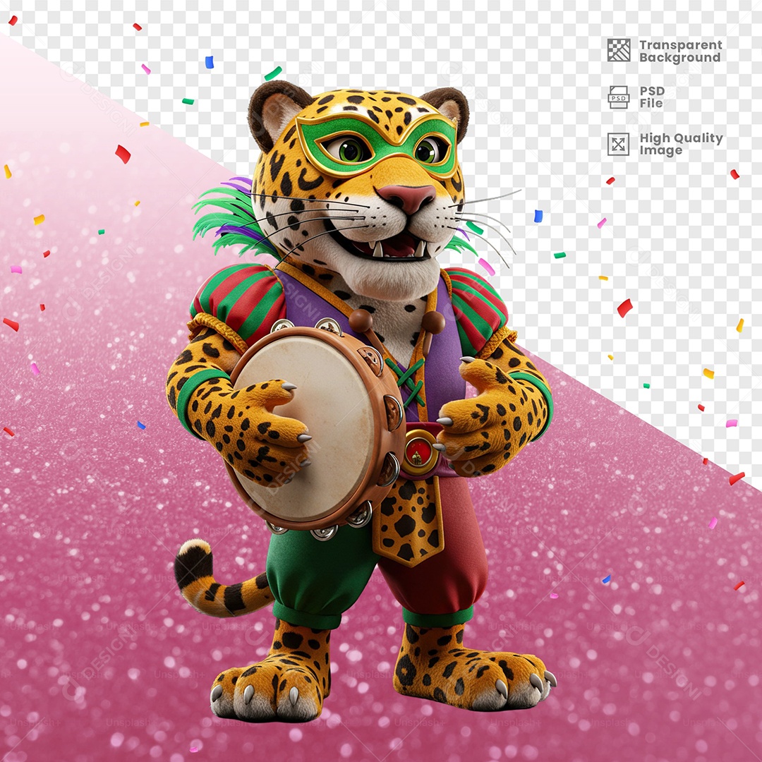 Tigre Com Fantasia de Carnaval Segurando Pandeiro Elemento 3D para Composição PSD