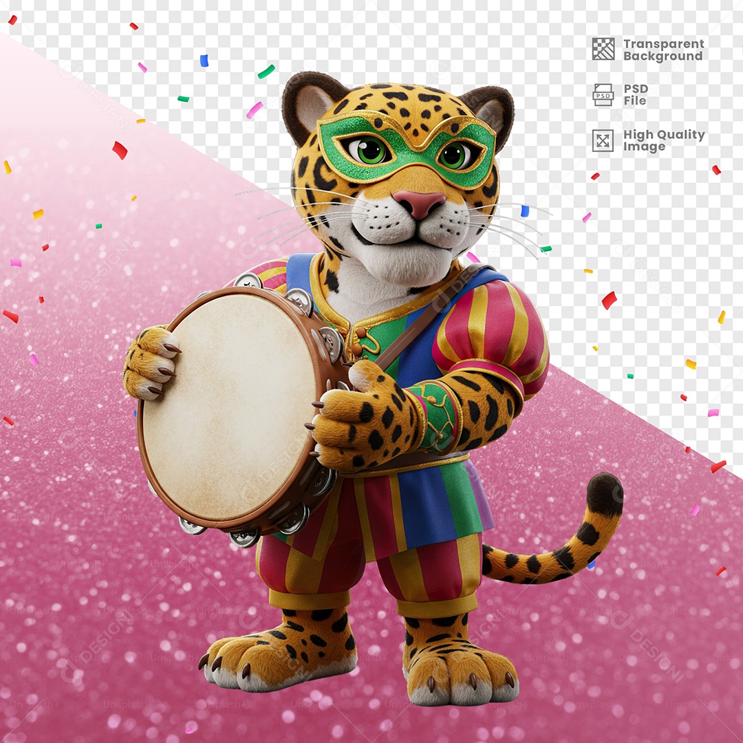 Tigre Com Fantasia de Carnaval Sagurando Pandeiro Elemento 3D para Composição PSD