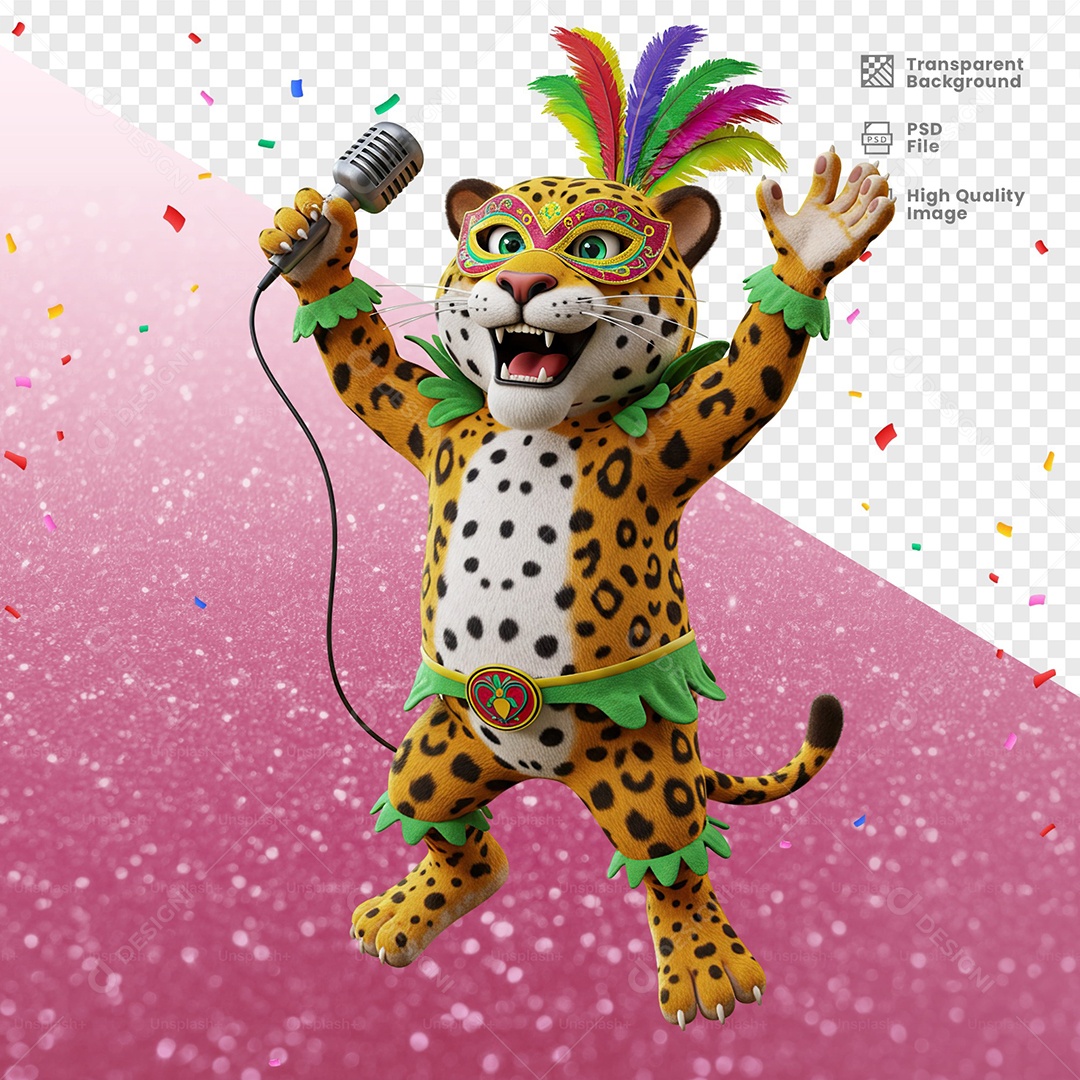 Tigre Com Fantasia de Carnaval Cantando Elemento 3D para Composição PSD