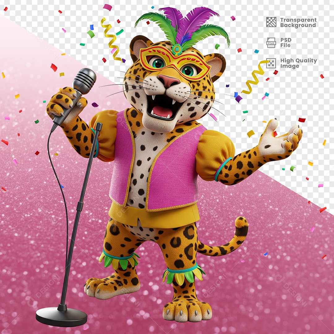 Tigre Com Fantasia de Carnaval Cantando Elemento 3D para Composição PSD