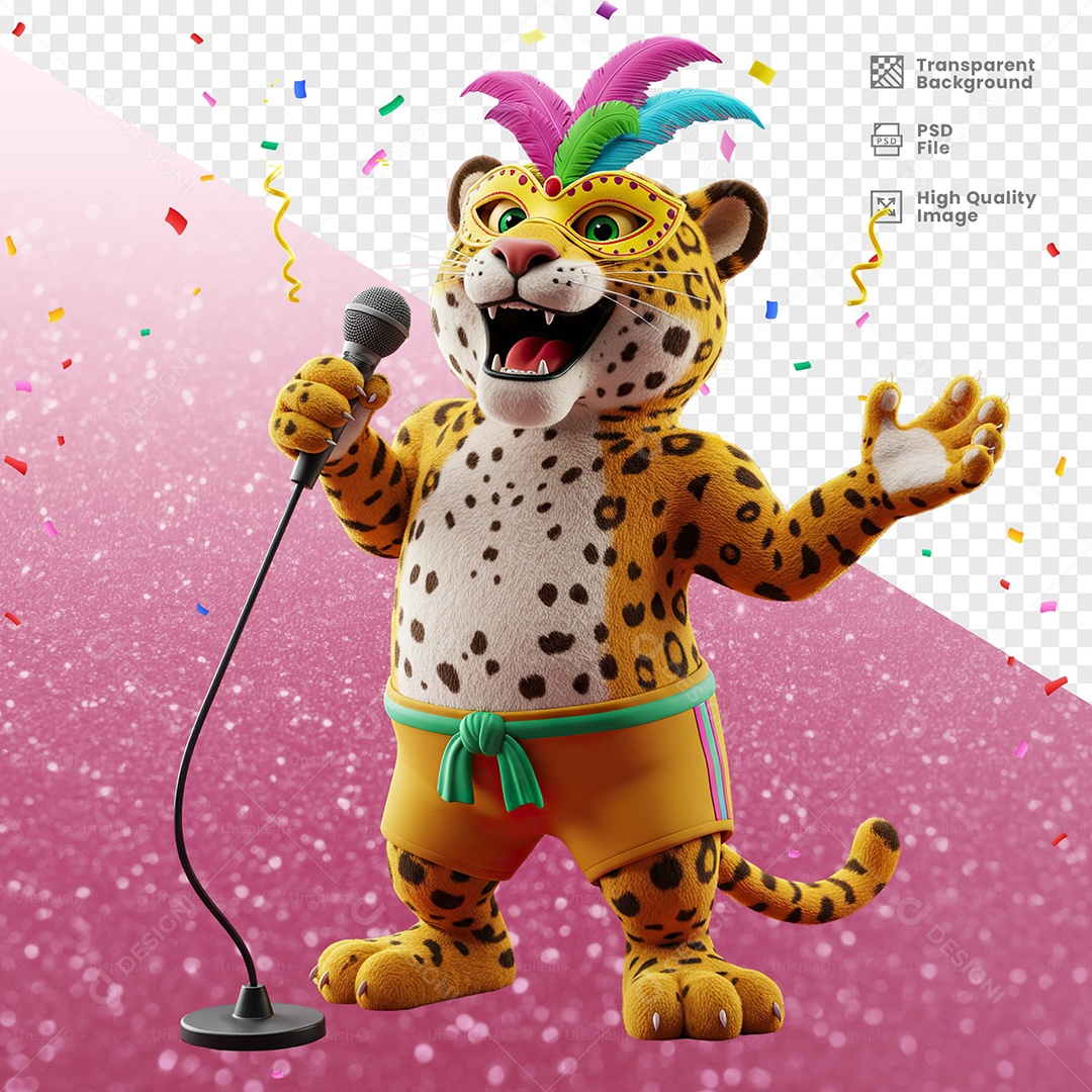 Tigre Com Fantasia de Carnaval Cantando Elemento 3D para Composição PSD